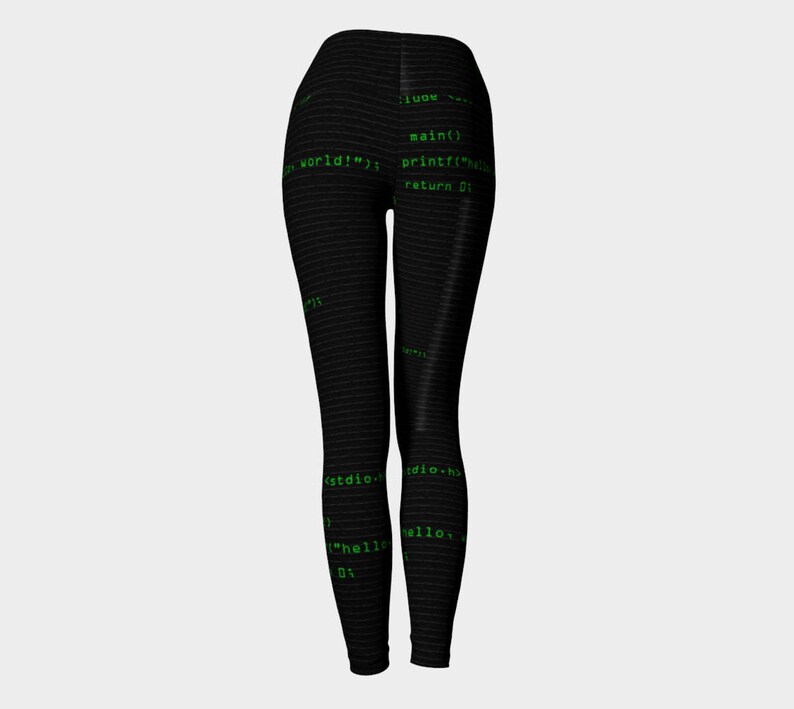 May include: Black leggings with a green code print. The code includes the text "hello world!" and "stdio.h".