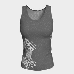 May include: A grey tank top with a white circuit board design on the left side. The background is a grey pattern of small hearts and stars.
