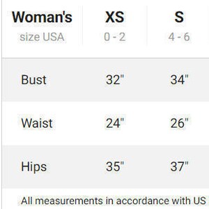 May include: Size chart for women's clothing with measurements in inches for bust, waist, and hips. Sizes range from XS to XL, with corresponding UK sizes from 0-2 to 16.