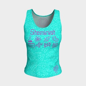 May include: A turquoise vest top with a repeating pattern of white hearts and clouds. The front displays the word "STEMinist" in purple, alongside science-themed icons. A round logo is visible at the top and bottom.