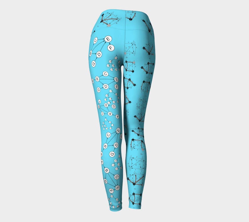 May include: Blue leggings with a white and black pattern of connected circles and letters. The pattern resembles a graph or network.