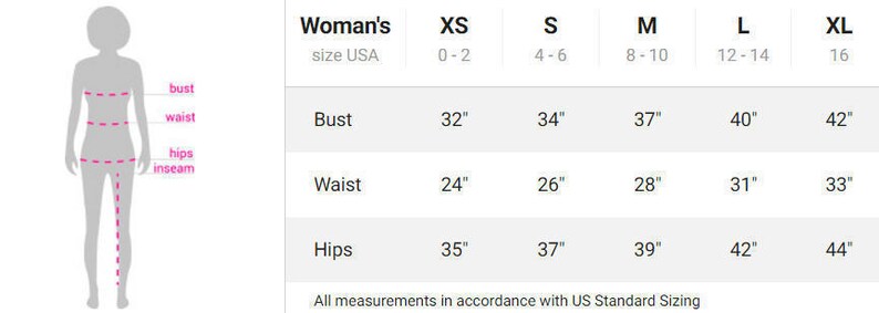May include: Size chart for women's clothing with measurements in inches for bust, waist, and hips. Sizes range from XS to XL, with corresponding UK sizes from 0-2 to 16.