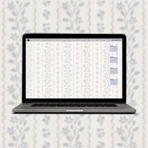 Puede incluir: Un ordenador portátil con un fondo blanco con un patrón repetitivo de pequeñas flores y vides grises. La pantalla del portátil muestra un icono de carpeta con el texto "Jan 1 12:00 PM".