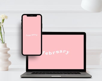 May include: A pink laptop and a pink smartphone with the word "february" in white text on both screens.