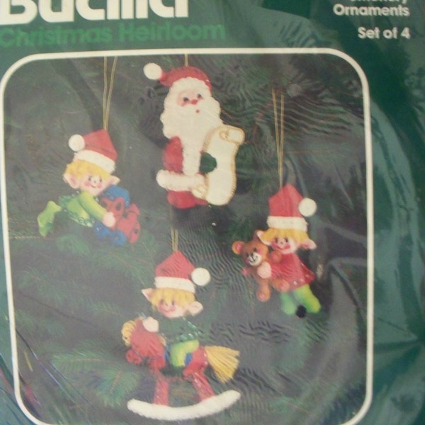 Vintage Bucilla Christmas Ornaments Kit "Santa & His Elves" Felt Applique Sequins Unopened