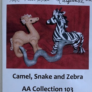 Plush Ark Animals by Marquerette sewing Pattern AA collection 103 Camel, Snake and Zebra