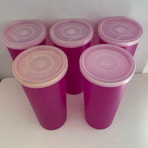 Vintage Tupperware 5 Tumblers 12 oz each, fuchsia, item #116, with seals, clear, item # 296