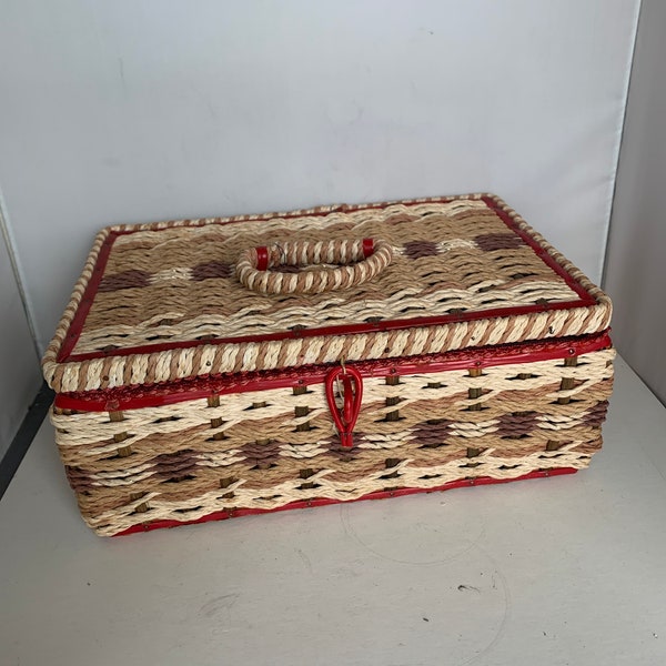 Vintage Dritz Sewing Basket Box Woven Wicker Full Handle, Notion tray #888 Japan