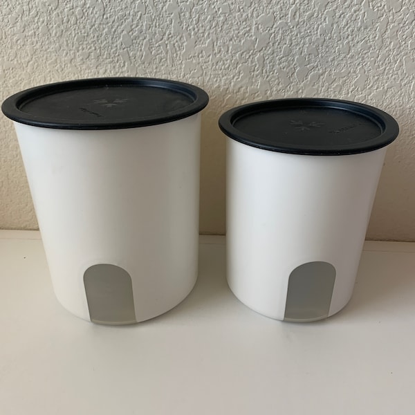 Vintage Tupperware Canister Set One Touch w Reminder Windows White w black Seals 2418 2420 size B, C, D