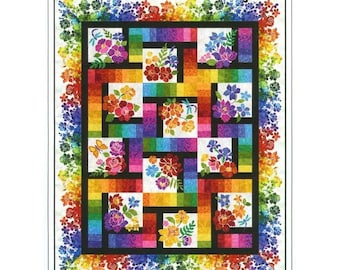 Op de afbeelding: Een kleurrijke quilt getiteld "The Sunshine BOM Quilt" met een levendig regenboogontwerp. De quilt toont bloempatronen in vierkanten en een rand van bloemen. Het ontwerp bevat de tekst "by Jason Yenter".