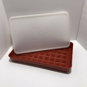 May include: A brown plastic tray with a grid of pyramid-shaped indentations and a clear plastic lid. The tray is designed for stacking and storing food.