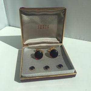 Swank Cuff links 3 Stud Set gold Tone Matching Red Cabochons Tuxedo Original Box  Art Deco Wedding Gifts, Men&#39;s Gifts, Groomsmen Gifts etc.