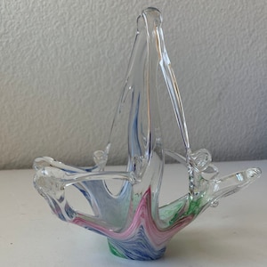 Vintage Murano Art Glass Blue green Pink Stretch Stetched Starfish Star Gazer Lilly Flower Decorative Free Form Glass Basket Bowl MCM