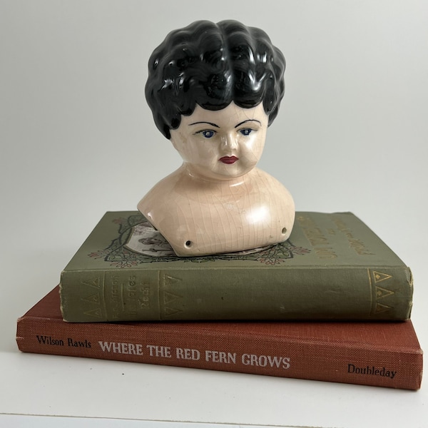 Vintage Porcelain China doll head and shoulders, 4.5 inches tall, low brow, Blue Eyes, Reproduction