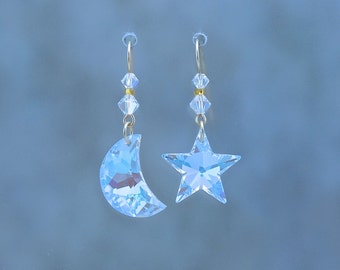 Crystal Moon and Star Earrings(Small), Swarovski Crystal Moon and Star, Celestial Earrings