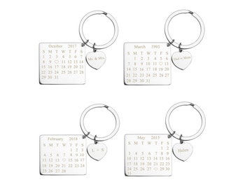 Personalized Calendar Keychain,Anniversary Date Keychain,Wedding Date Key Ring,EngravedKey Ring,Stainless Steel Chain,Save the Date Keychain
