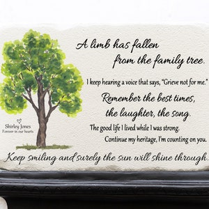 May include: A rectangular stone plaque with a watercolor painting of a tree and text. The text includes a memorial message and the name "Shirley Jones". The plaque is displayed on a black surface.