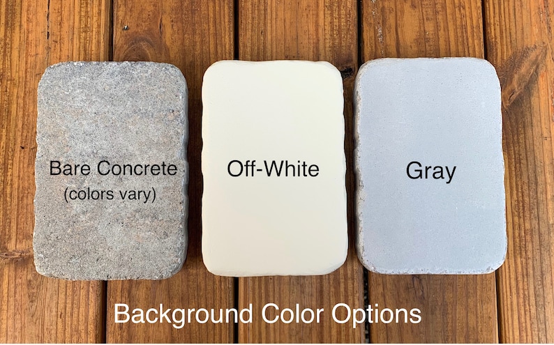 May include: Three rectangular tiles with rounded corners displayed as background color options. The left tile is textured bare concrete, the center tile is off-white, and the right tile is gray. Text labels identify each color option.