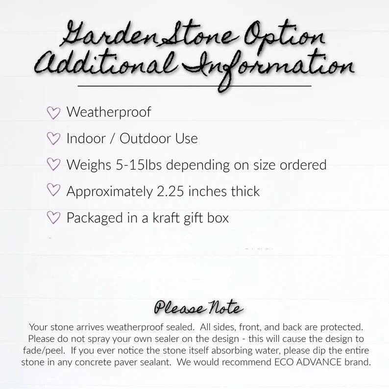 May include: An informational graphic titled Garden Stone Option Additional Information. It lists features including weatherproof, indoor or outdoor use, weight of 5-15lbs, 2.25 inches thick, and kraft gift box packaging. Includes care instructions.