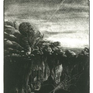 May include: A black and white etching depicts a figure on a cliff overlooking a deep chasm. The artwork features detailed shading, creating a dramatic landscape with a sense of depth and mystery. The sky is filled with clouds.