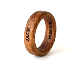Whiskey barrel ring, Oak wood ring, Whiskey ring, Men's ring, Wooden rings, Engraved wood ring, Recycled wood ring, 5th anniversary gift