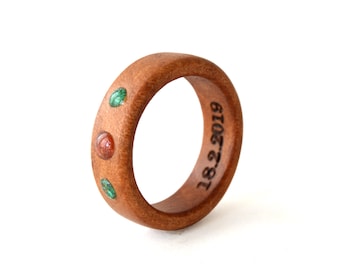 Promise ring for her, wood inlay ring, engraved ring