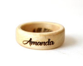 Birch wood ring, Name ring, Simple wedding band women, Wood men's ring, Inside engraved ring, Couples wedding bands, White wood ring, Date