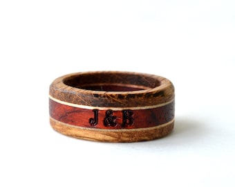 Initial ring, whiskey barrel ring, wood wedding band, oak ring