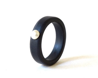 Promise ring for her, wood ring, ebony ring, pearl ring