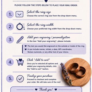May include: A guide on how to order a ring, with steps including selecting size and width, adding engraving, and finalizing the purchase. The image also shows two wooden rings and a sprig of lavender on a wooden surface.