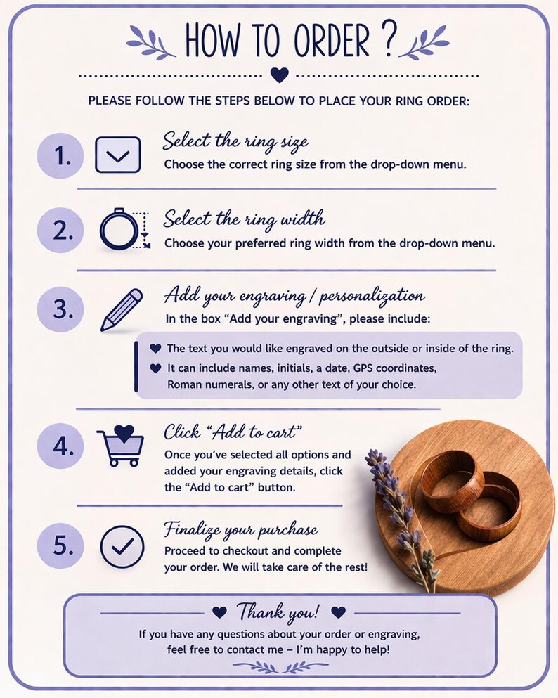 May include: A guide on how to order a ring, with steps including selecting size and width, adding engraving, and finalizing the purchase. The image also shows two wooden rings and a sprig of lavender on a wooden surface.