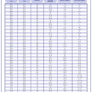 May include: A ring size chart with measurements in millimeters, inches, and various international ring sizes. The chart includes conversions for Europe, Russia/Ukraine/Belarus, USA/Canada, and UK/Australia.