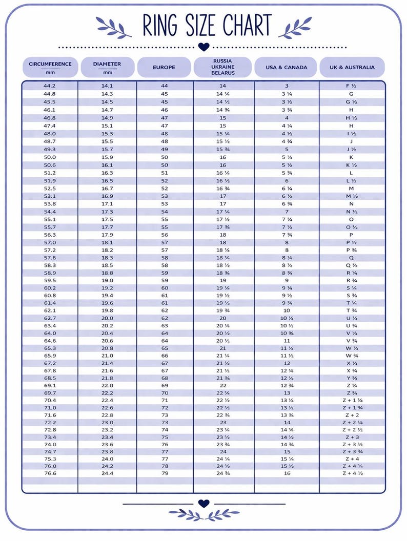 May include: A ring size chart with measurements in millimeters, inches, and various international ring sizes. The chart includes conversions for Europe, Russia/Ukraine/Belarus, USA/Canada, and UK/Australia.