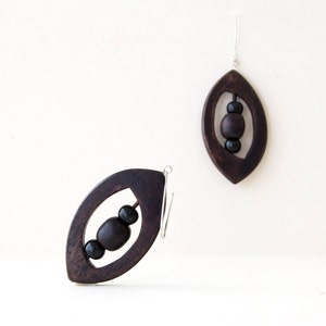 Black Earrings, Wood Earrings, Women Wood Earrings, Natural Jewelry, Leaf Earrings, Wooden Jewellry, Holiday Gift, Silver Ear Hooks image 1