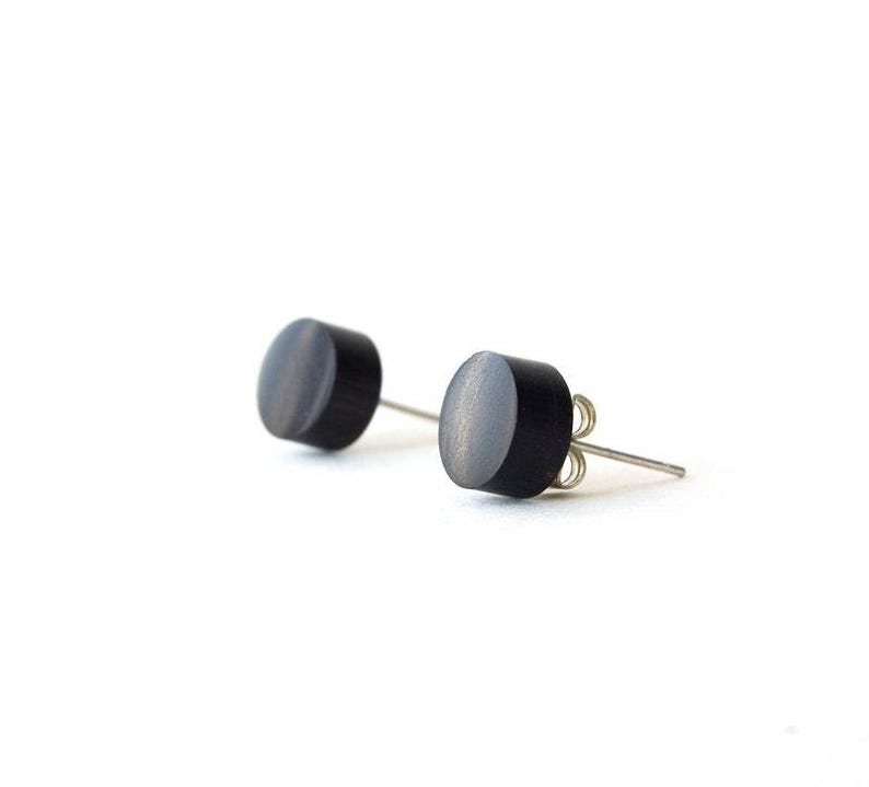 Ebony Wood Earrings, Black Wood Stud Earring, Tiny Initial Earring Stud, Men's Earrings Wood Stud, Wood Post Earrings, 5th Anniversary Gift image 2