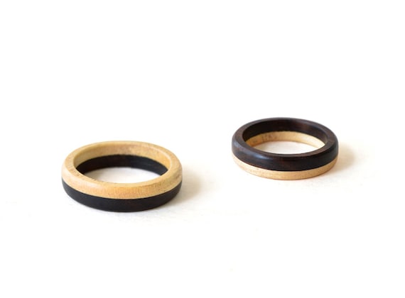 Black and White wood ring set, Custom engraved wood ring, Ebony wood rings, Couples wedding bands, Rustic engagement ring, Two tone rings