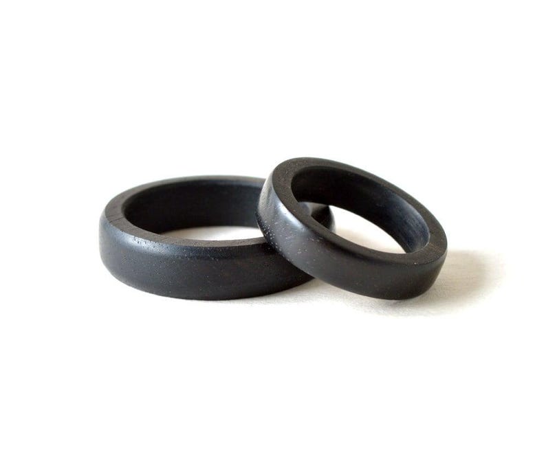 Ebony Rings set, Black His And Hers Rings, Engraved Wood Ring, Wood Wedding Ring Set, Simple Wedding Band Set, 5th Wedding Anniversary Gift image 1