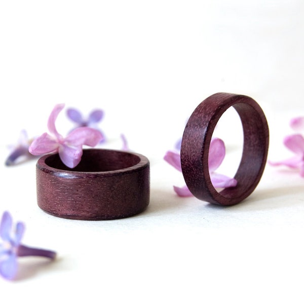 Purple heart wood ring set, His and Her rings, Wood ring engraved, 5 year anniversary gift, Wood wedding band, Promise rings for him and her