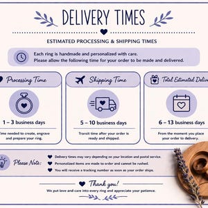 May include: A light purple graphic with text detailing estimated processing and shipping times for rings. The graphic includes icons for processing, shipping, and total delivery, along with a wooden ring holder and lavender sprig.