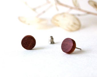 May include: A pair of circular stud earrings crafted from dark brown wood with a visible natural grain pattern. Each earring features a metallic post and is accompanied by a single small silver-toned metal earring back clutch.
