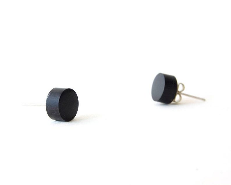 Ebony Wood Earrings, Black Wood Stud Earring, Tiny Initial Earring Stud, Men's Earrings Wood Stud, Wood Post Earrings, 5th Anniversary Gift image 3