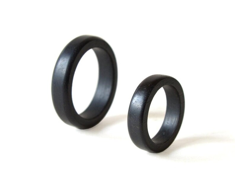 Ebony Rings set, Black His And Hers Rings, Engraved Wood Ring, Wood Wedding Ring Set, Simple Wedding Band Set, 5th Wedding Anniversary Gift image 6