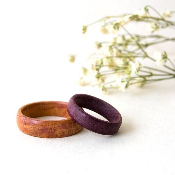 Wood wedding ring set his and her, promise rings for couples, wood ring with engraving