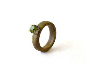 Green sandalwood ring, Swarovski gem, engagement ring, sandalwood, Swarovski ring