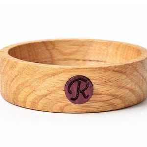 Wide Oak Wood Bangle Bracelet with Purpleheart Initial Inlay, Multiple Initial Wooden Bracelet, Mens Monogram Bracelet Whith Carved Initial