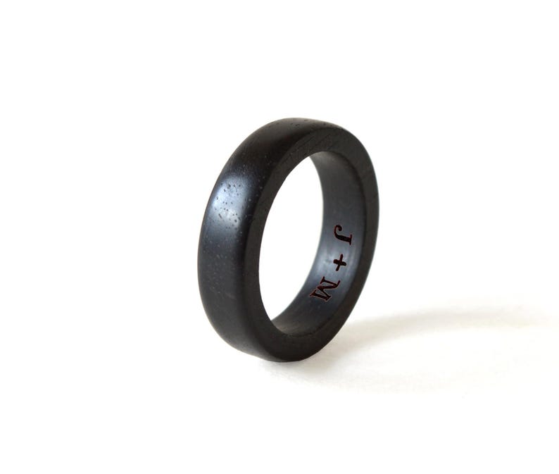 Ebony Rings set, Black His And Hers Rings, Engraved Wood Ring, Wood Wedding Ring Set, Simple Wedding Band Set, 5th Wedding Anniversary Gift image 2