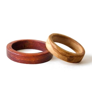 Wood wedding band, wood ring set, couple rings, Red sandalwood and olive wood ring set image 1