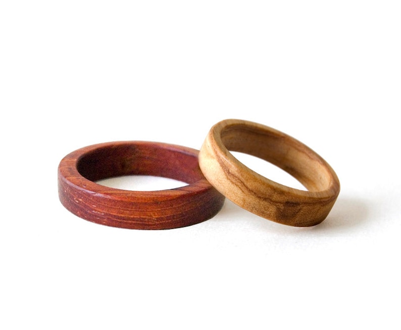 Wood wedding band, wood ring set, couple rings, Red sandalwood and olive wood ring set image 1
