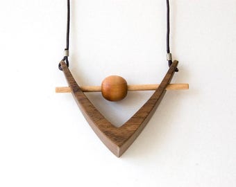 Walnut wood necklace, Wood pendant, Triangle necklace, Geometric necklace, 5th anniversary gift for wife