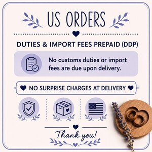 The image is a graphic with text and icons related to US orders, including duties and import fees, no customs duties or import fees, no surprise charges at delivery, and a thank you message.